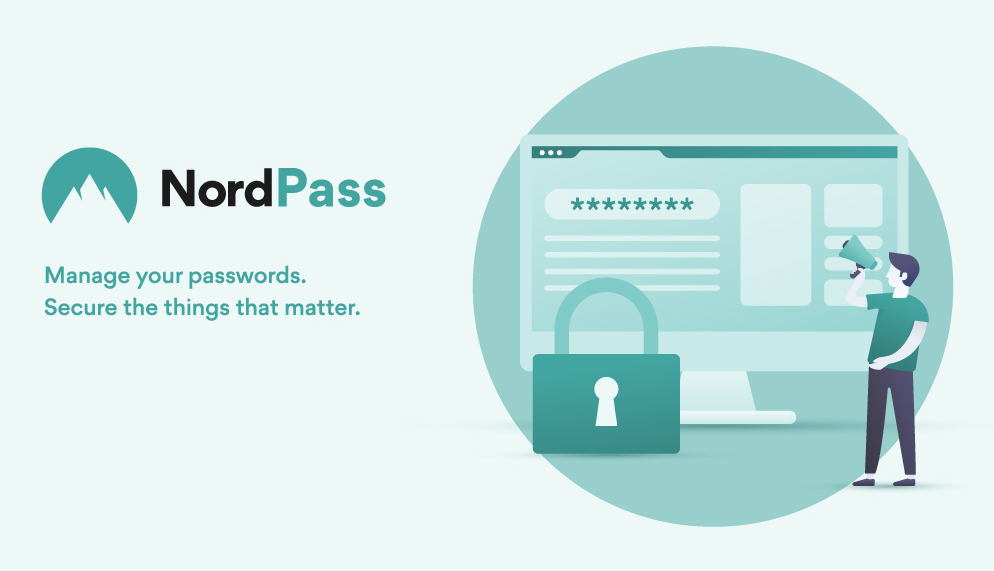 Logo et Slogan du gestionnaire de mot de passe NordPass, Avec page web sécurisé et sous Nord VPN